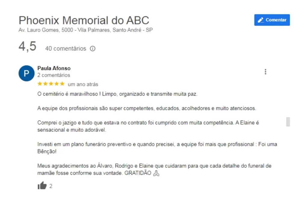 avaliações sobre o atendimento humanizado no funeral da Phoenix